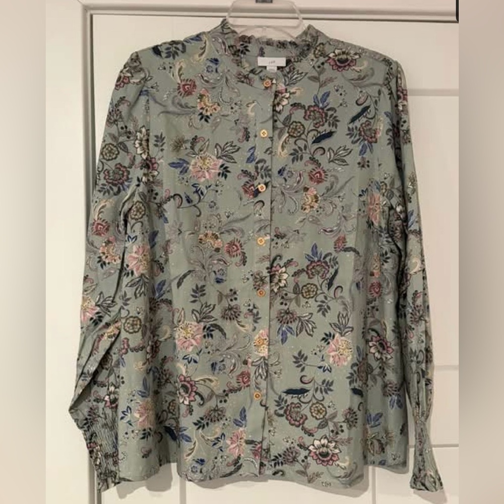 J JILL RUFFLED NECK BLOUSE GREEN/MULTI SIZE LARGE NWT! - Picture 5 of 7